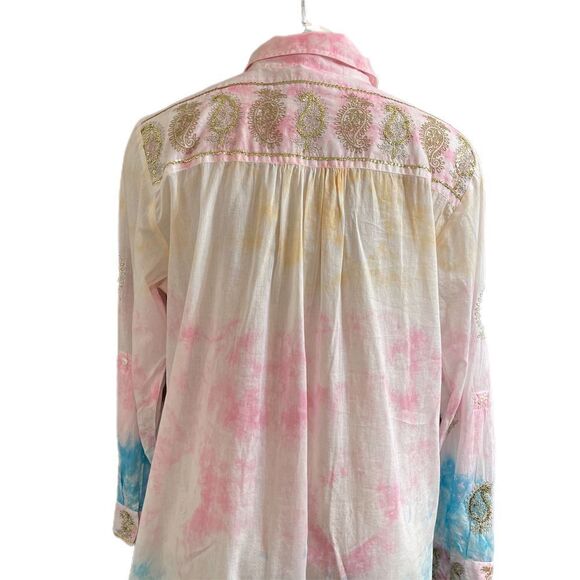 Soft Surroundings Gilded Paisley Tie-Dye Tunic Top Button Up Sequin Sz Medium - Picture 4 of 9